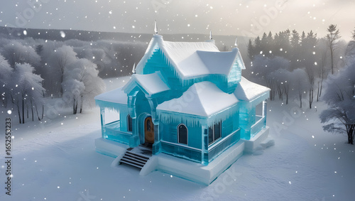 Aerial view of a magnificent ice house with intricate architecture, surrounded by snow-covered trees and a serene landscape.