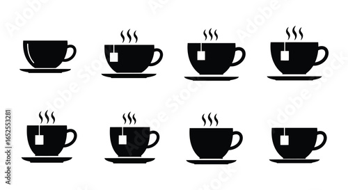 Black and White Tea Cup Icons with Steam and Tea Bag Tags