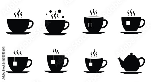Collection of Tea Cup and Teapot Silhouettes with Steaming Hot Tea