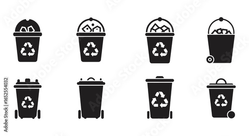 Set of Black Recycling Bin Icons for Waste Management and Environmental Conservation