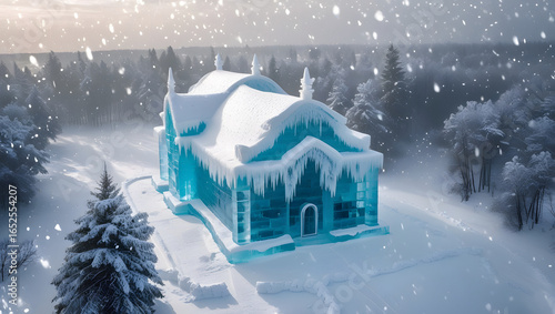 Aerial view of a magnificent ice house with intricate architecture, surrounded by snow-covered trees and a serene landscape.