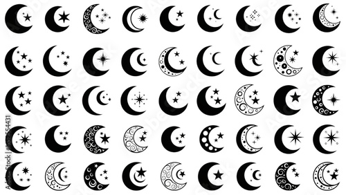 Crescent Moon Icon Collection – Vector Set with Varied Crescent Designs, Stars, and Decorative Patterns – Black Silhouette for Celestial, Spiritual, and Astronomical Projects
