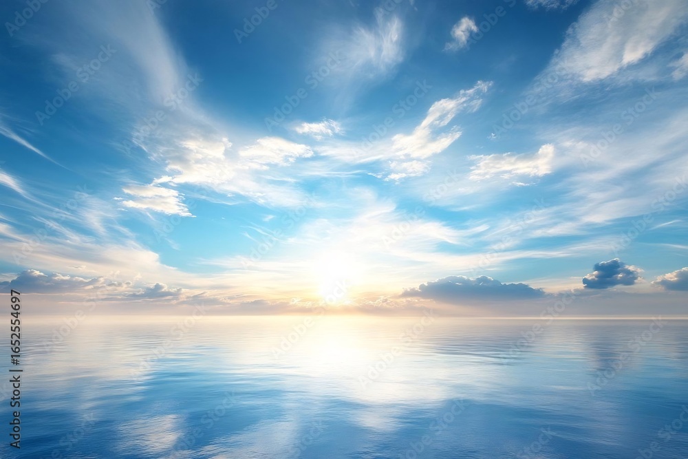 Obraz premium Serene sunrise reflecting over calm ocean waters with soft clouds above