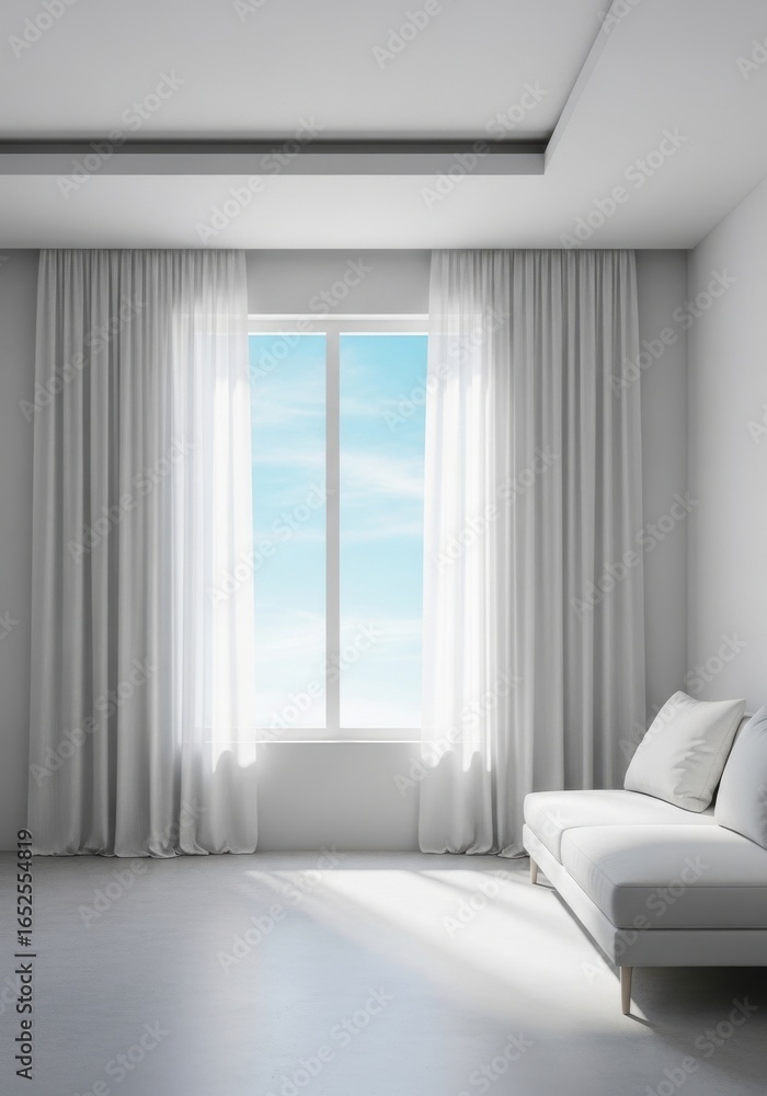 Fototapeta premium Minimalist interior design featuring natural light through sheer curtains