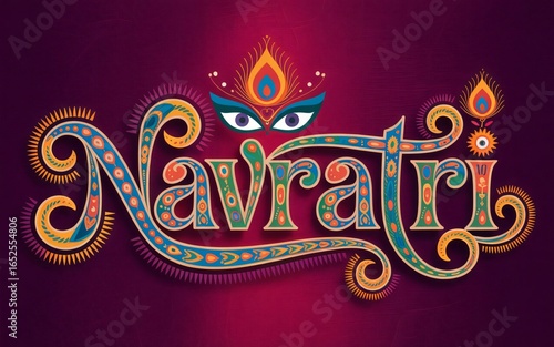 Decorative navratri text with traditional indian motifs and eyes