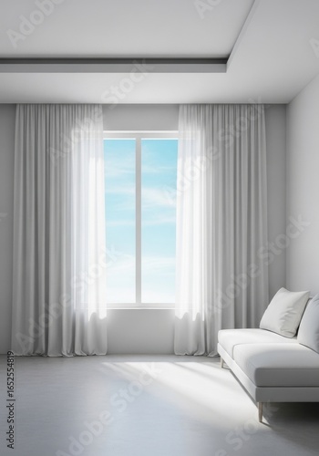 Minimalist interior design featuring natural light through sheer curtains