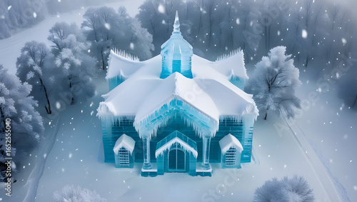 Aerial view of a magnificent ice house with intricate architecture, surrounded by snow-covered trees and a serene landscape.