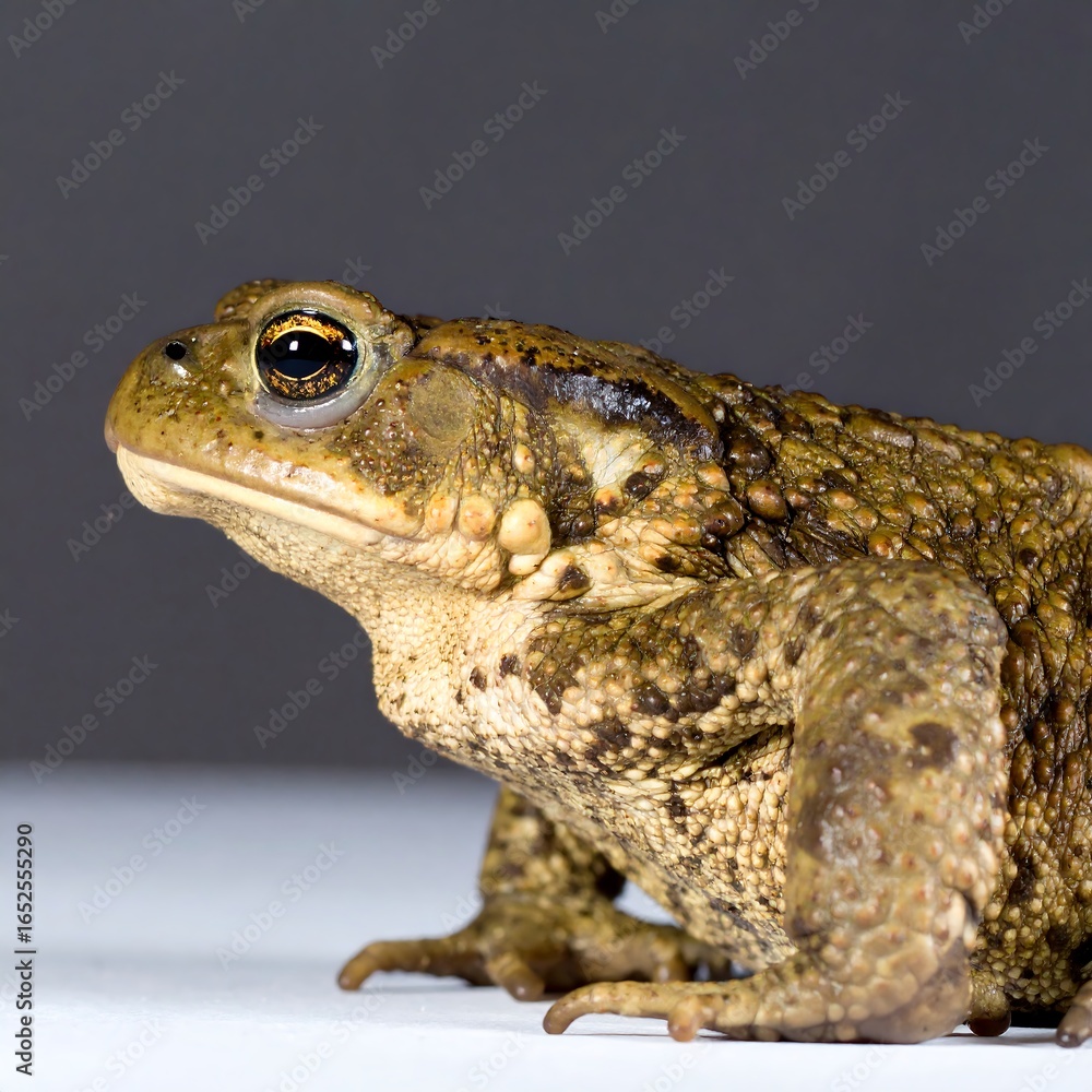 Naklejka premium Close-up of a toad, profile view, on a white surface against a dark background
