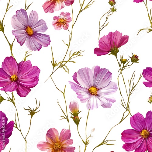 Wallpaper Mural Assorted Cosmos Flowers Seamless Pattern Watercolor Illustration on White floral Torontodigital.ca