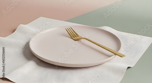 Empty plate with golden fork on a table