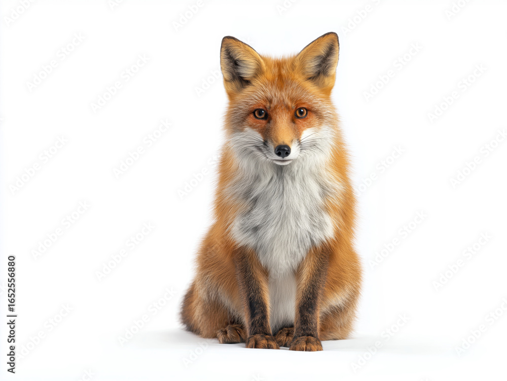 Obraz premium Realistic illustration of a fox with vibrant orange fur and striking features, sitting gracefully against a clean white background, showcasing its natural beauty and charm