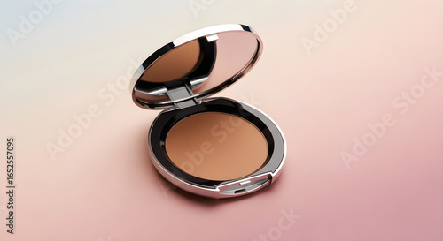 Face powder compact with mirror on pink background