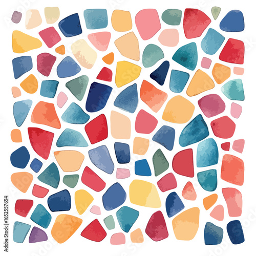 Abstract mosaic of irregularly shaped colorful stones with textured surfaces
