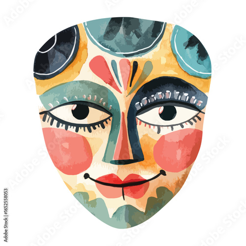 Abstract Watercolor Face Mask with Joyful Expression