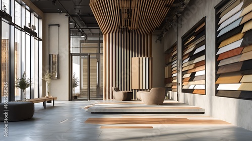 Obraz na płótnie Modern interior of a flooring material showroom with wooden samples on display, 3D render. .