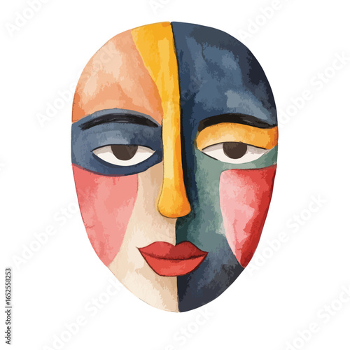 Abstract Watercolor Mask with Divided Face and Vivid Colors
