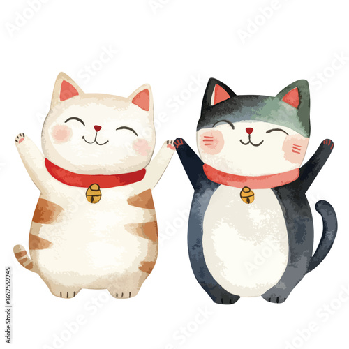 Adorable Watercolor Maneki Neko Cats with Raised Paws and Smiling Faces