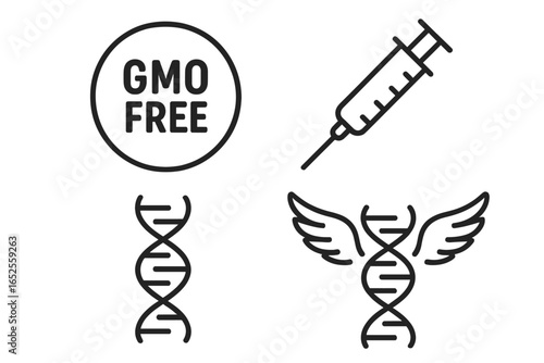 GMO Free label, DNA helix, syringe, and winged gene icon set. Concept for genetics, biotechnology, genetic engineering, vaccine, and scientific research. Line art vector.