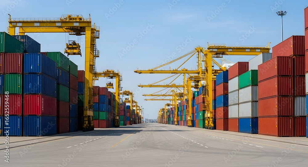 Fototapeta premium Shipping Containers and Cranes at a Commercial Port, Global Trade Logistics