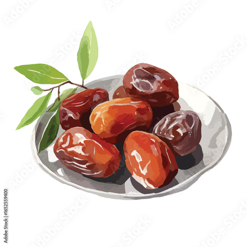 Artistic depiction of dates on a plate with a leafy branch accent