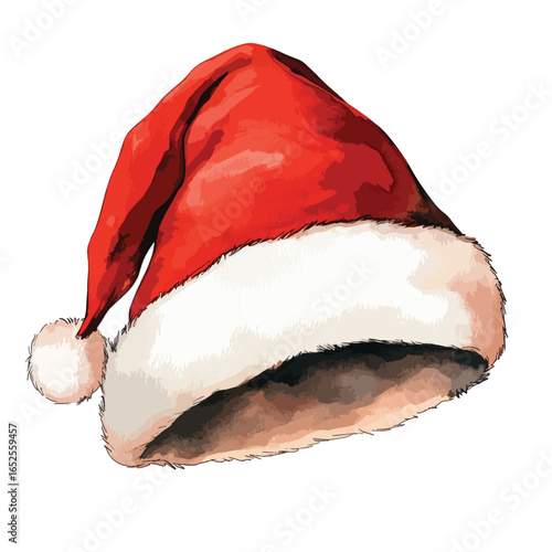 Artistic Watercolor Santa Hat with Fluffy Trim and PomPom Detail