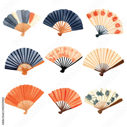 Assorted Hand Fans Watercolor Style with Floral and Striped Designs