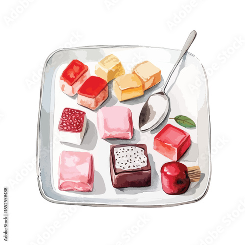 Assorted colorful petit fours on a square plate with a silver spoon