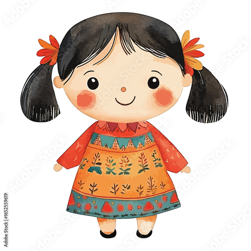 Cartoon girl with black pigtails orange flower hair clips and patterned dress