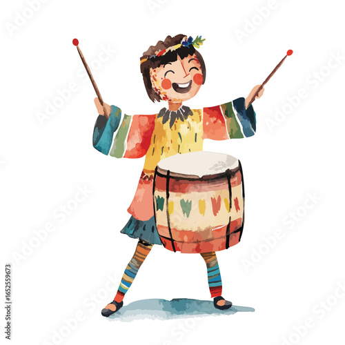 Cheerful Drummer Girl with Floral Crown and Colorful Outfit Playing Drum