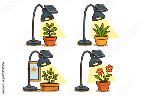 Solar powered grow light for plants. Desk lamp with solar panel for indoor houseplant gardening. Sustainable, renewable, eco friendly energy. Vector cartoon illustration set.