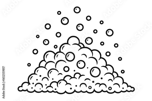 Soap foam with bubbles vector line art icon. Black and white cartoon illustration of suds. Cleaning, washing, hygiene concept. Fizzy water, beer, carbonated drink liquid.
