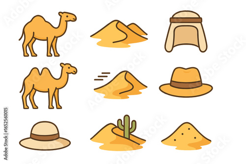 Desert icon set with camel, dromedary, bactrian, sand dune, cactus, and hats. Vector cartoon elements for travel. Minimalist flat outline design illustration.