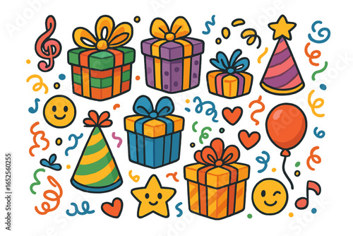 Party celebration elements collection. Big set of colorful doodle icons for birthday. Vector cartoon illustration of gift boxes, party hats, confetti, balloons, and emoji.