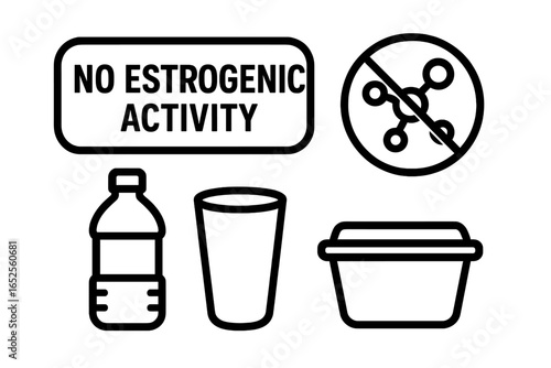 No Estrogenic Activity label for plastic products concept. Vector icon set with bottle, cup, container. BPA free symbol for safe packaging. Endocrine disruptor free.