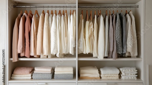 Organized minimalist closet featuring neatly arranged clothing in soft tones .