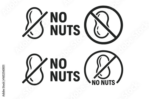No nuts food allergen icon set. Nut-free vector symbol for product packaging. Crossed out peanut warning label. Food allergy safety information stamp and prohibition sign.