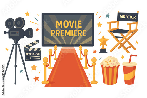Movie premiere and film production elements set. Cinema concept with red carpet, camera, director chair, clapperboard, award, and popcorn. Vector cartoon illustration.