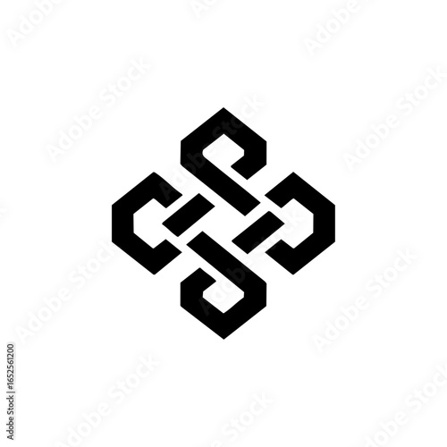 Abstract black vector logo of interlinked blockchain chain links forming a complex hexagonal structure, representing security and decentralized technology.