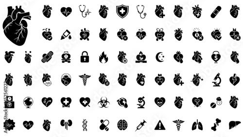 Anatomical Heart Vector Silhouette Icon Set – Heartbeat, Cardiovascular, Anatomy, Medical, Health, Cardiology, Biology, Organ, Human Heart Collection
