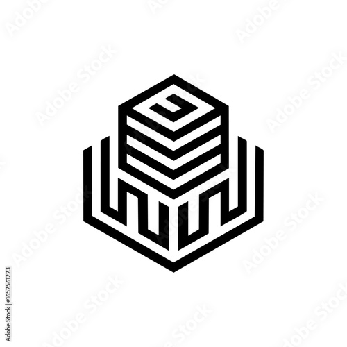 Minimal black vector logo of a cryptocurrency coin inside a cube-shaped maze, symbolizing decentralized finance, complexity, and blockchain structure.
