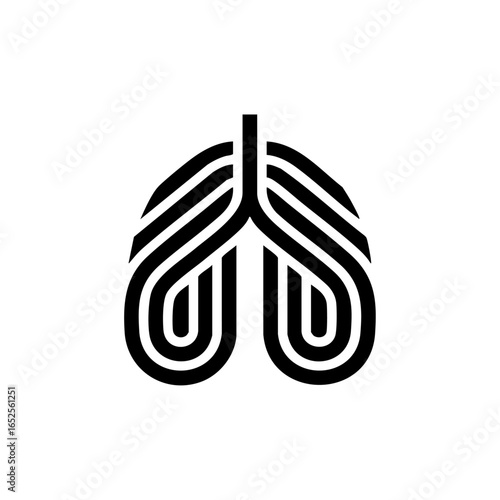 Black vector logo of lungs made from curved symmetrical lines, symbolizing breath, vitality, wellness, and respiratory health.