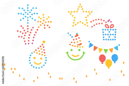 Drone light show celebration vector icon set. Festive party elements with fireworks, gift, balloons. Happy birthday or new year concept. Colorful modern graphic design.