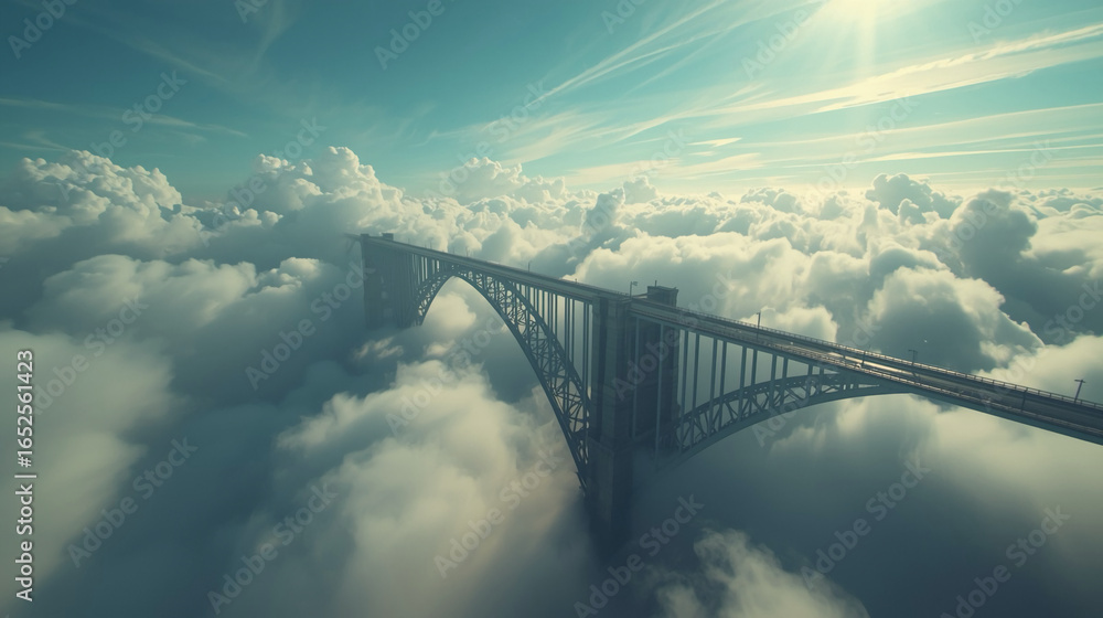 Fototapeta premium Dramatic Aerial View Steel Bridge Above Cloudscape Landscape Scenery Image