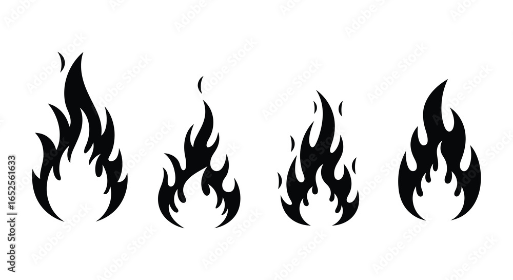 Four stylized flames in a row black silhouettes against a white background Four stylized flames in a row black silhouettes against a white background