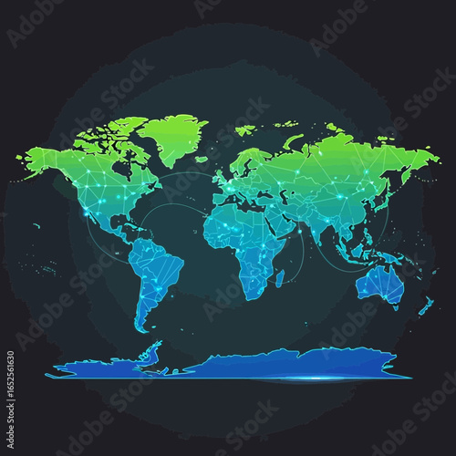 Futuristic Gradient World Map with Connection Lines and Nodes Illustration