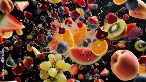 una explosión de frutas de temporada, con diversas frutas frescas (fresas, cerezas, melocotones, ciruelas, sandía, uvas, arándanos y naranjas) flotando en el aire en pleno estallido dinámico.