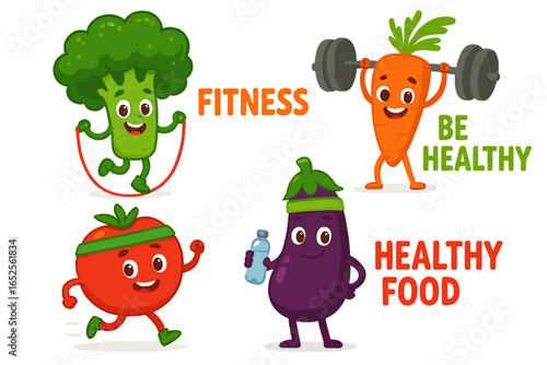Cute vegetable characters promoting fitness and healthy food. Cartoon mascots doing sports exercises. Funny broccoli, carrot, tomato, eggplant workout vector illustration set.
