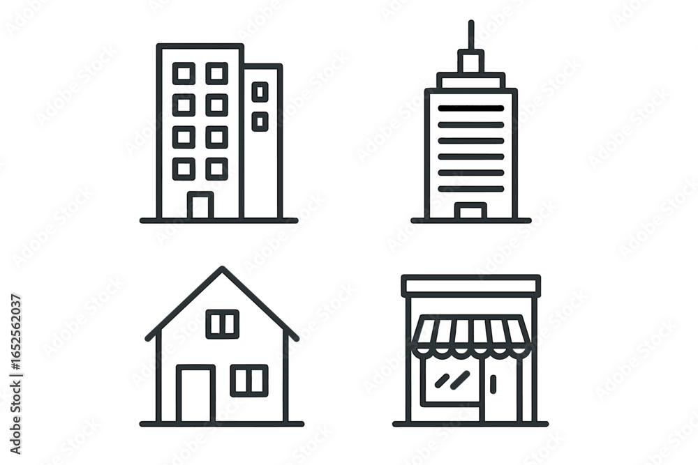 City buildings line icon collection. Modern vector symbols of real estate. Minimalist outline illustration of a house, skyscraper, office building and shop front. Urban design. City buildings line icon collection. Modern vector symbols of real estate. Minimalist outline illustration of a house, skyscraper, office building and shop front. Urban design.