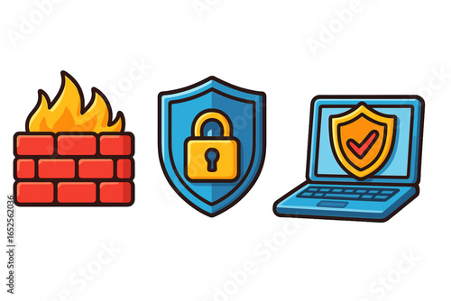 Cyber security icon set with firewall, data protection shield and antivirus on laptop. Vector illustration for internet safety, network privacy, and digital defense concept.
