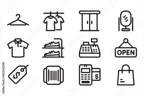 Line style icons collection with hanger shoes clothes barcode and shopping bag